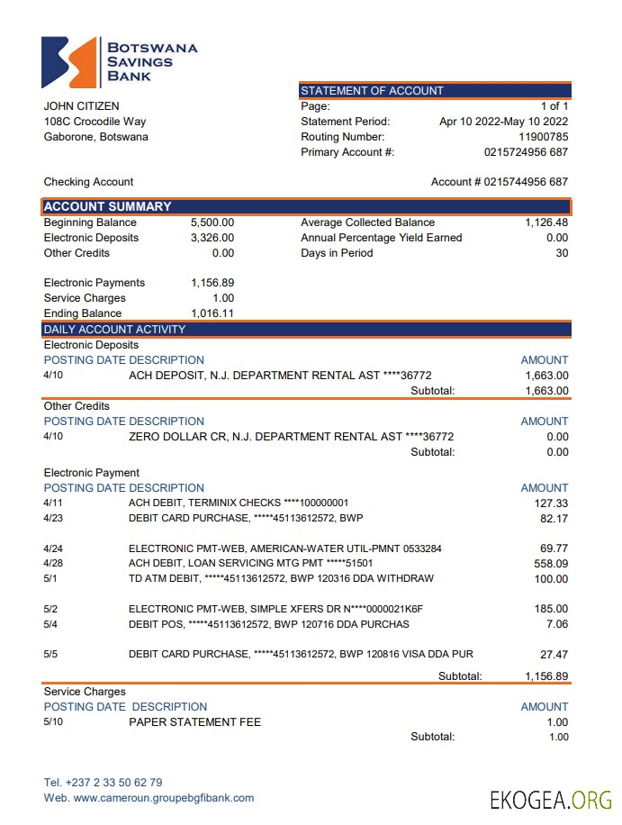 Relevé de la Caisse d'épargne du Botswana